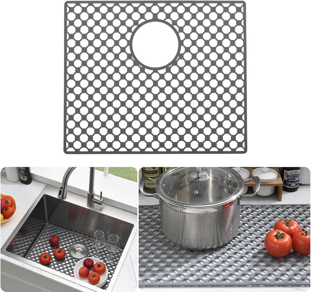 Silicone Sink Mats for Kitchen Sink, 22.6''x 17.6'' Kitchen Sink Mats, Non-slip Foldable Heat Resistant Silicone Sink Protector Mats for Single Bowl Kitchen Sinks (Grey) (Gray)