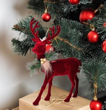  Reindeer Christmas Decorations, Flocking Christmas Reindeer Figurines with Red Buffalo Plaid Bow, Deer dcor Christmas Table Centerpieces Decorations (Marroon)