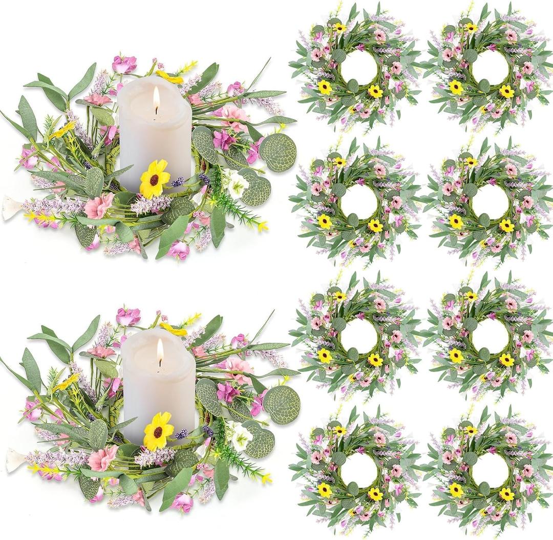8 Pcs Summer Artificial Flowered Wreath Mini Floral Wedding Spring Candle Rings Wreaths Pillar Candle Holder for Porch Outside All Season Wedding Home Door Tabletop Decoration