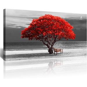 Wall Decor Living Room Large Size Canvas Wall Art Black White With Landscape Moon Painting Red Trees Canvas Pictures Artwork Office Decor Boho Home Decorations 30" X 60"