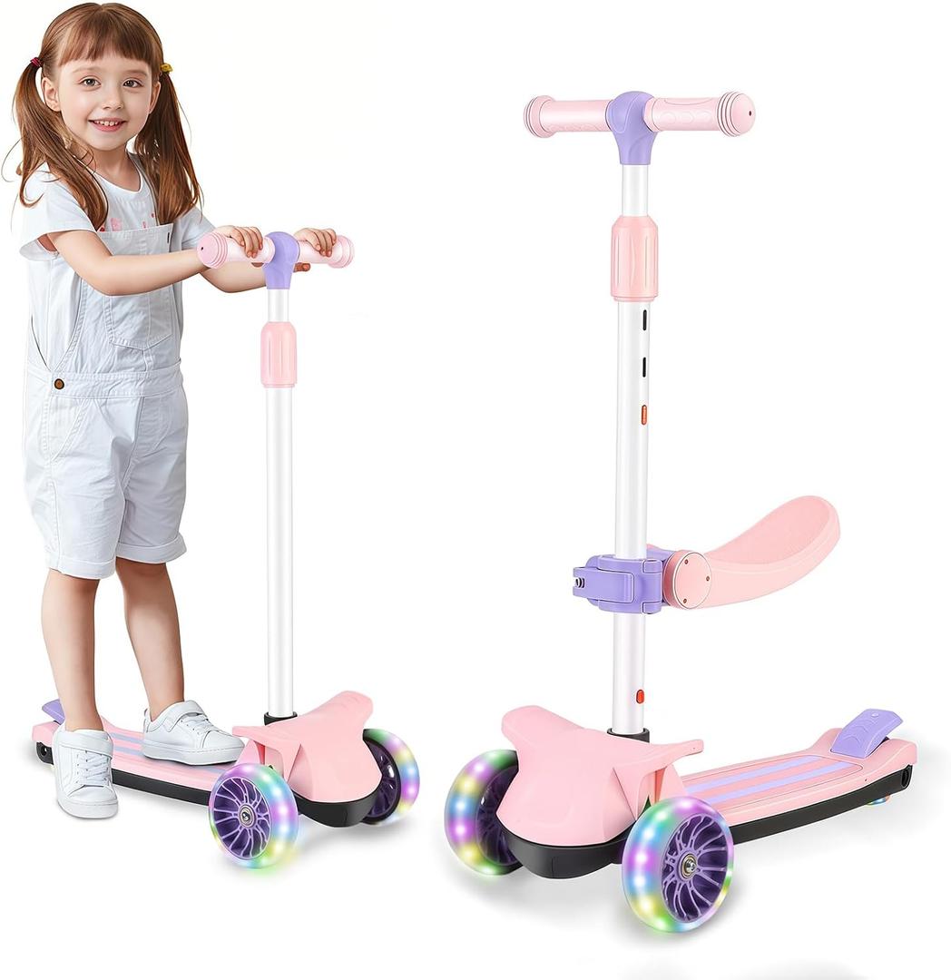 2 in 1 Kick Scooter with Removable Seat, 3 LED Wheels Kick Scooter for Kids, 4 Adjustable Height & Foldable Design Toddler Scooters Sit or Stand Ride for Boys & Girls 2-10 Years Old