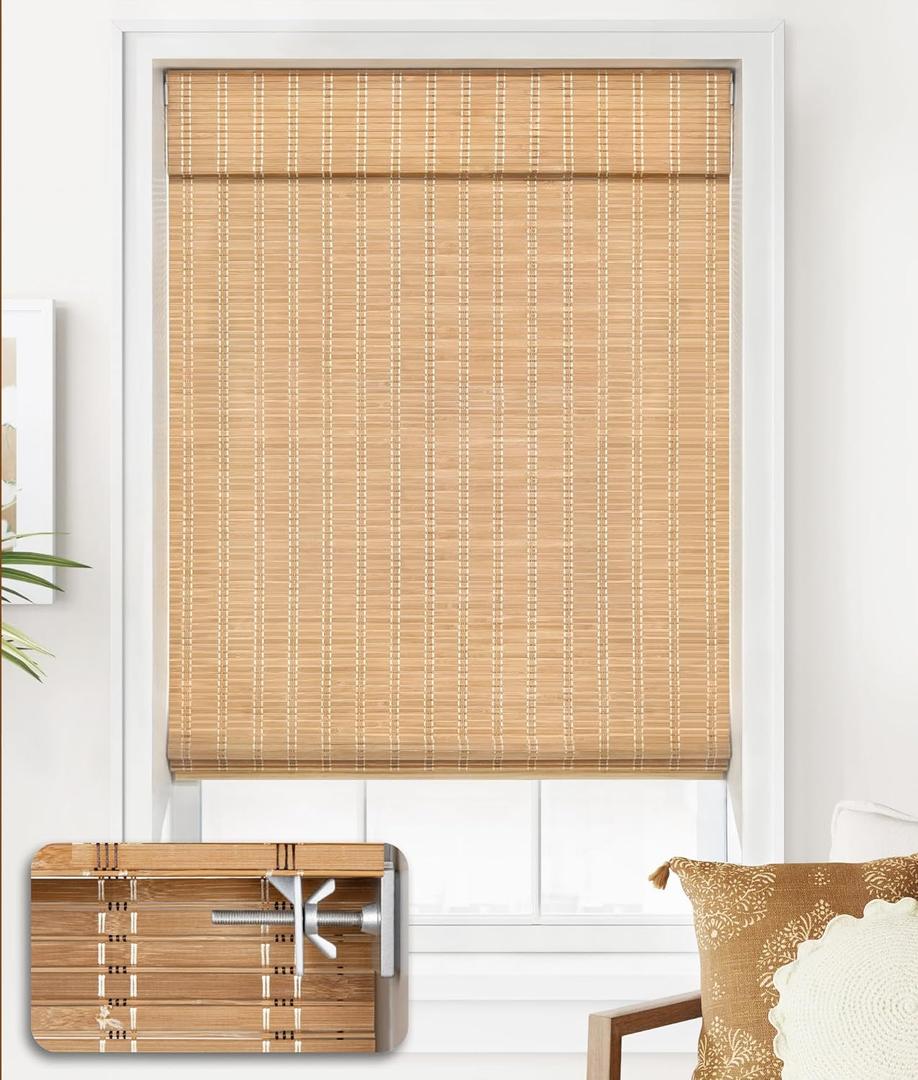 LazBlinds No Tools No Drill Cordless Bamboo Roman Shades, Light Filtering Window Treatment, Roll Up Bamboo Blinds for Window 28'' W x 64'' H, Brown