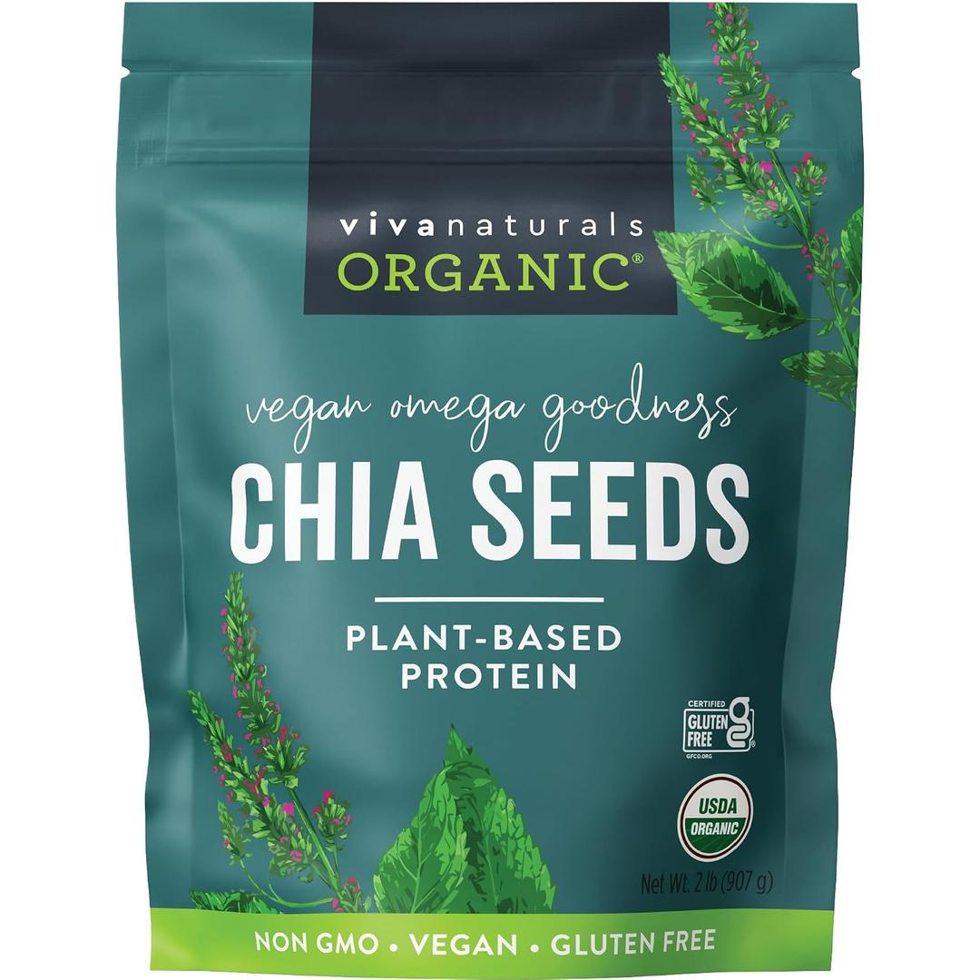 Viva Naturals Organic Chia Seeds, 2 lb, 32 Oz Plant-Based Omega-3 and Vegan Protein, Gluten Free & Non-GMO, Perfect for Smoothies, Salads & Chia Pudding (EXP 09/05/27)