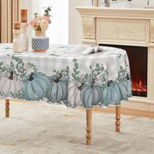 Horaldaily Fall Tablecloth 6084 Inch Oval, Thanksgiving Autumn Harvest Blue Pumpkin Buffalo Plaid Table Cover for Party Picnic Dinner Decor