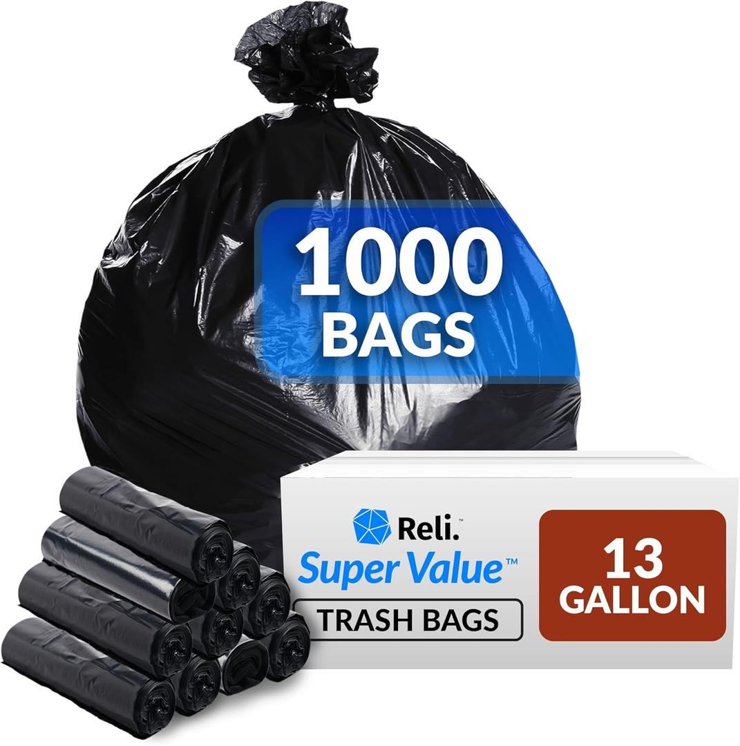 Reli. 13 Gallon Bags | 1000 Bags | Black | Tall Kitchen | Strong | Garbage