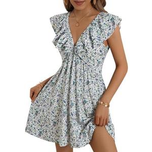 Loemes Women Summer Cute Floral Deep V Neck Mini Dress Casual Ruffle Sleeveless High Waist Swing Beach Sundress with Pockets Size M