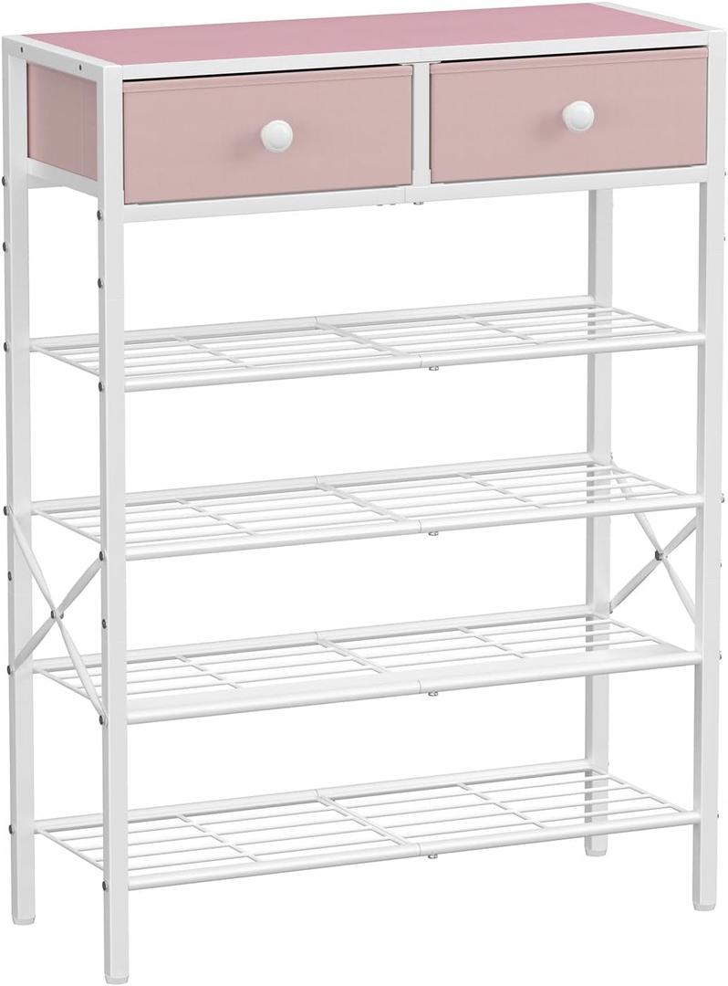 Shoe Rack for Entryway, 5 Tier Shoe Organizer with 2 Non-Woven Drawers, Metal Storage Shoe Shelf for 16-20 Pairs of Shoes, with Wooden Top and Steel Frame, Shoe Stand for Closet Pink
