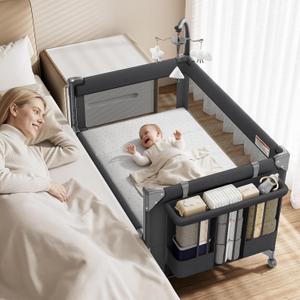 GAIVE 4 in 1 Baby Bassinet, One-Push Setup Pack and Play, Bedside Crib Sleeper with 3 Height Adjustable Diaper Changer, Come with Comfy Mattress, Rotating Toy Bar, from Infants to Toddlers (Black)
