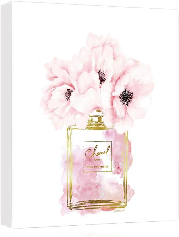 Canvas Wall Art Glam Perfume Pictures Wall Decor Pink Flowers And Gold Canvas Wall Art Girl Home Decor For Bedroom Wall Bathroom Set Room Decor 16 * 24