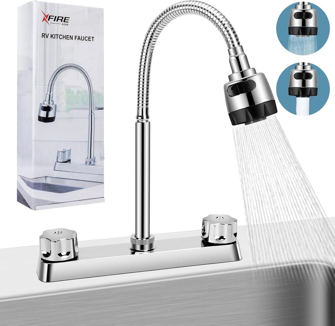 RV Kitchen Faucet, XFIRE-GEAR Camper Faucet Kitchen with Flexible Arc 360 Degree Rotatable Dual Function Sprayer, RV Sink Faucets for Motorhomes, Travel Trailers (8 Inches Apart) (Silver)