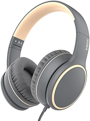 RORSOU R10 Over-Ear Headphones with Microphone, Lightweight Folding Stereo Bass Headset with 1.5M No-Tangle Cord, Portable Wired Headphones for Smartphone Tablet Computer MP3 / 4 (Grey), Large 