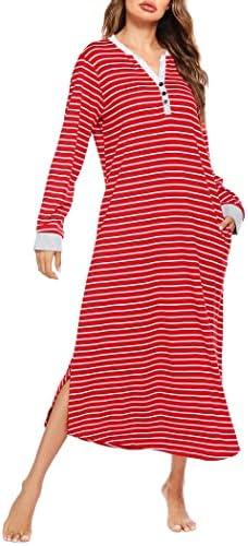 Ekouaer Womens Nightgown Long Loungewear V Neck Nightshirt Sleepwear Full Length Sleepshirt with Pockets (XL, Red White Stripes)