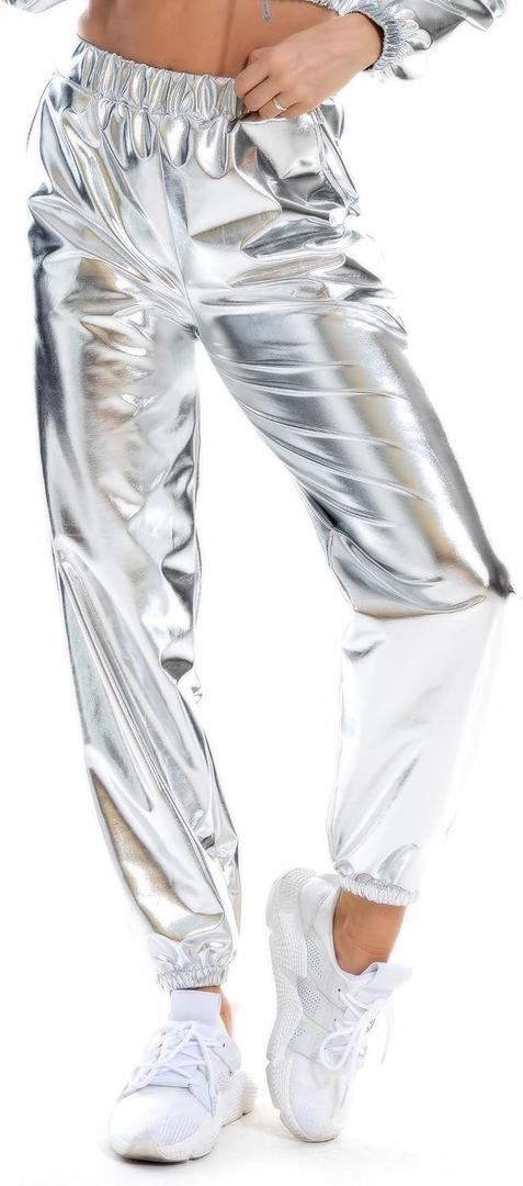 NewL Women's Metallic Shiny Jogger Casual Holographic Color Streetwear Pants Hip Hop Fashion Smooth Elastic Trousers (Gray, XL)