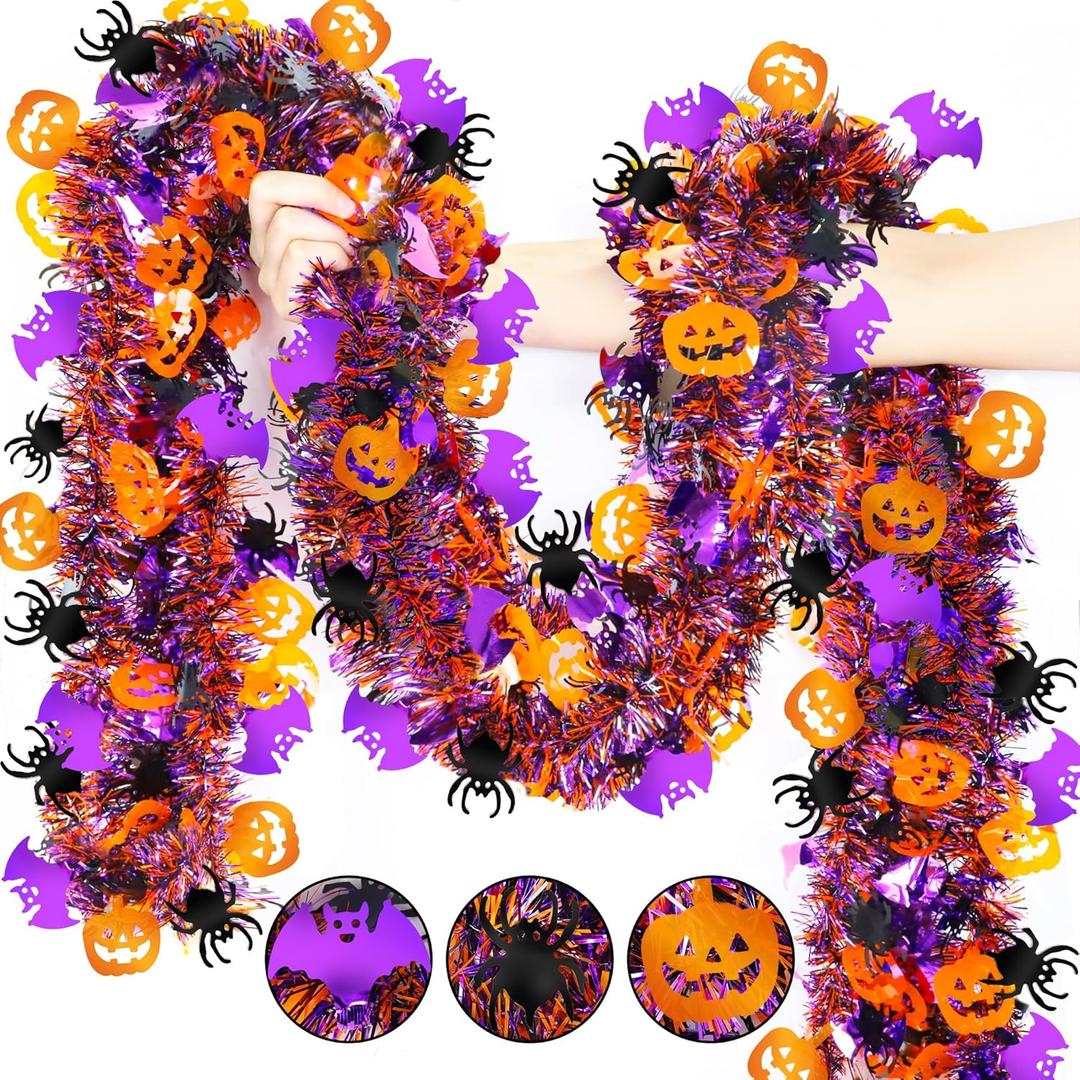 Halloween Decorations,50 FT Halloween Tinsel Garland with Orange Pumpkin Black Spider Purple Bat, Shiny Metallic Twist Garland for Home Tree Indoor Outdoor Party Decorations