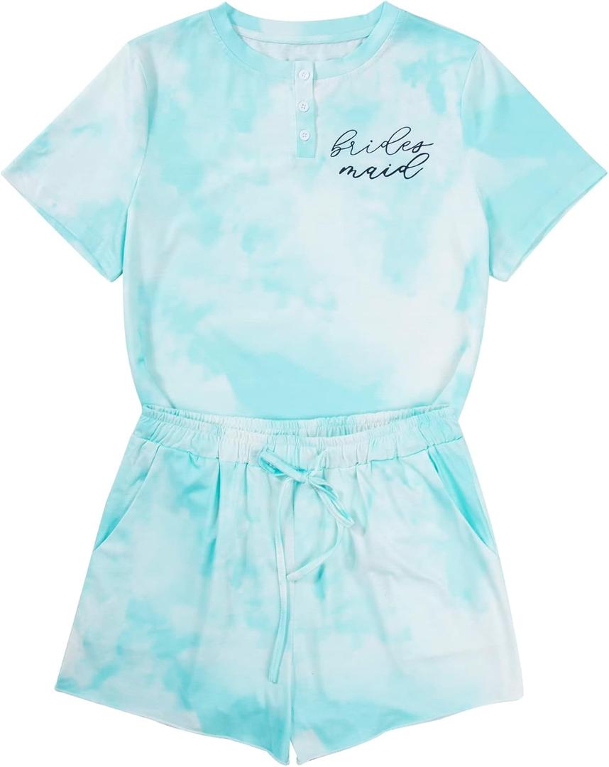 LOTUCY Bride Pajama Set Bachelorette Pjs Women Casual Tie Dye Pajama Bridal Party Pajamas Set Short Sleeve Sleepwear (S)