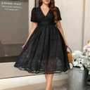 Women's Plus Size Cocktail Dress - V Neck Short Sleeve Lace Midi Dress | Semi Formal Wedding Guest Prom Attire (Large, Black)