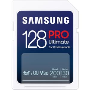SAMSUNG PRO Ultimate Full Size 128GB SDXC Memory Card, Up to 200 MB/s, 4K UHD, UHS-I, C10, U3, V30, A2, for DSLR, Mirrorless Cameras, PCs, MB-SY128S/AM