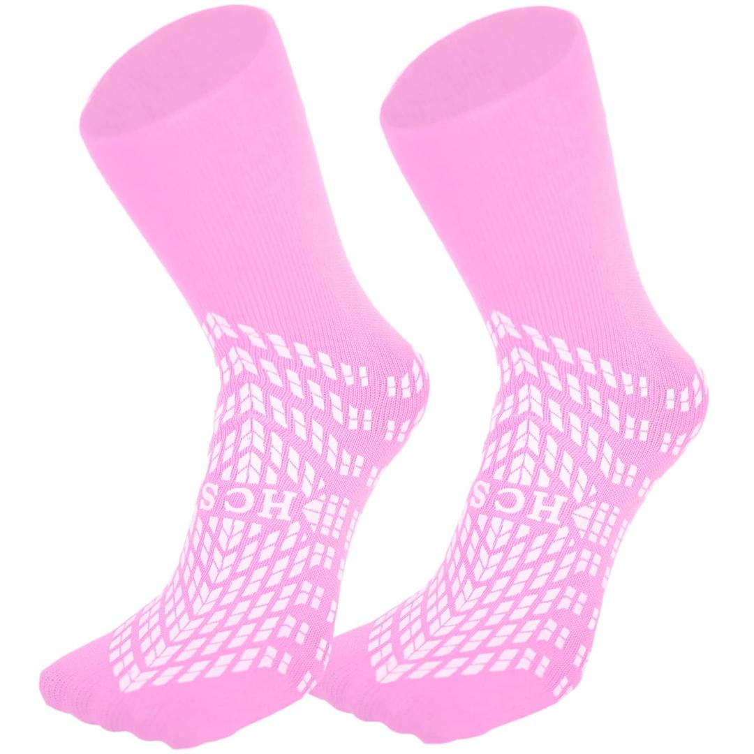 HCS Non-Slip Hospital Socks with Grips for Women & Men (6 Pairs) - 360 All-Around Tread Non-Slip Sock for Elderly/Seniors - Hospital Grip Socks, Fall Risk Patient Slippers (Pink, Regular) (Universal)