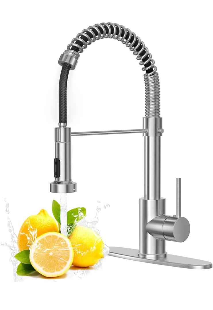 Brushed Nickel Kitchen Faucet with Pull Down Sprayer, Stainless Steel Spring Commercial Kitchen Sink Faucet with 10-Inch Deck,1 or 3 Hole Installation for Farmhouse, RV Camper, Laundry & Utility Sink
Amazon's Choice