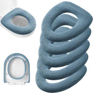 Legigo 5 Pack Thicker Bathroom Toilet Seat Cover Pads- Soft Warmer Toilet Seat Cushion Cover Stretchable Washable Fiber Cloth, Easy Installation Comfortable Toilet Lid Seat Cover(Knit Elongated Blue)