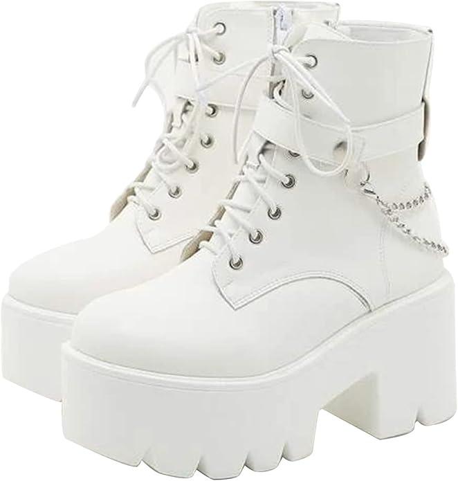 CYNLLIO Fashion Block Heel Platform Combat Ankle Booties Women's Lace up Studded Motorcycle Boots Mid Calf Boots Size 9.5