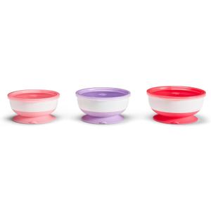 Munchkin Stay Put Munchkin Suction Baby Bowls with Lids - Dishes for Babies and Toddlers, Self-Feeding Bowl Set for Kids 6+ Months, 3 Pack, Pink/Purple