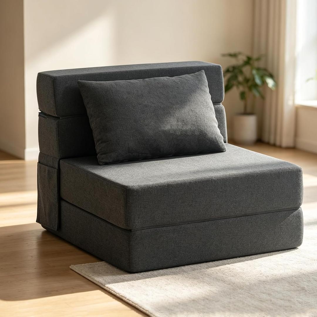 Folding Sofa Bed | Convertible Sleeper Chair Bed for Adults, Fold Out Chair to Bed Linen Futon Chair with Pillow, for Home Dorm Apartment RV Living Room, Single Size Dark Gray