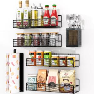 DTUQYX Spice Rack Wall Mounted 6 Pack: 100% Metal & Strong Adhesive Spice Organization for Kitchen Cabinet/Pantry Door, No Drill Hanging Seasoning Organizer with Paper Towel Holder, Utensil Caddy