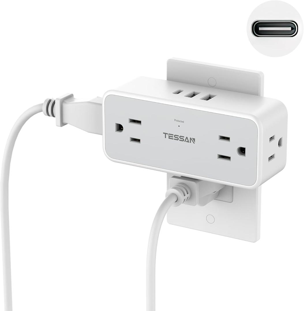 Multi Plug Outlet Splitter, TESSAN 4 Wall Outlet Extender with 3 USB Wall Charger(1 USB C), Surge Protecter 900J, Widely Spaced Multiple Plug Expander (Grey)