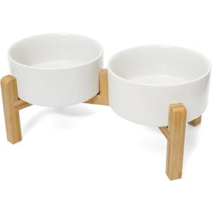 OniAnt Elevated Dog Bowls Ceramic, 30.4 oz Dog Food and Water Bowl Set with Wood Stand, Double Raised Pet Feeding Station for Puppy & Cats - Non-Slip Medium Pet Dishes Dishwasher Safe - White (3.7 CUPS)