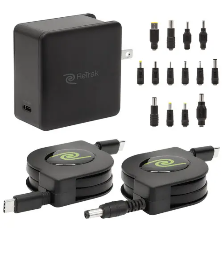 ReTrak 67 W Retractable Universal USB-C Laptop Charger with 14 Adapter Tips (ETCHGNBC65U) 6.6 FT
