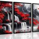 Red Forest Waterfalls Canvas Wall Art Grey Mountains Lake and Red Trees Landscape Pictures Wall Decor Black and White Natural Scenery Poster Painting Prints for Living Room Bathroom Office Decorate (24L''x16W'')