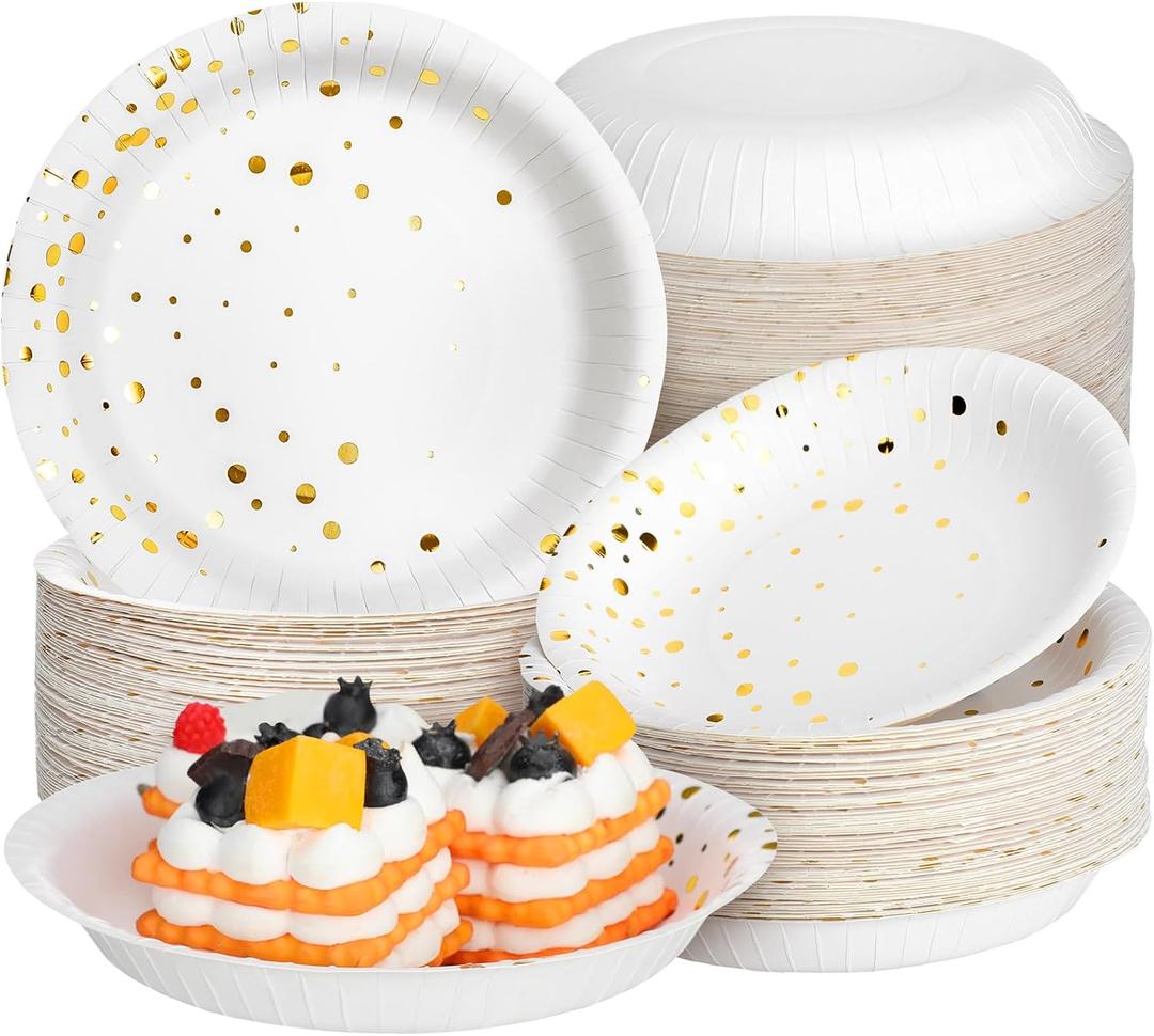 60 Pack White and Gold Paper Bowls 7 Inch Disposable Gold Dot Paper Bowls for Party Birthday Supplies Round Snack Dessert Salad Disposable Tableware for Wedding, Engagement, Baby Shower