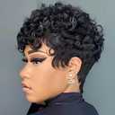 Chic Elegent Pixixe Cut Curly Wigs for Black Women Short Layered Pixie Cut Human Hair Wigs With Bangs Natural Black Color Summer No Glue Short Curly Human Hair Wig (Black Curl)