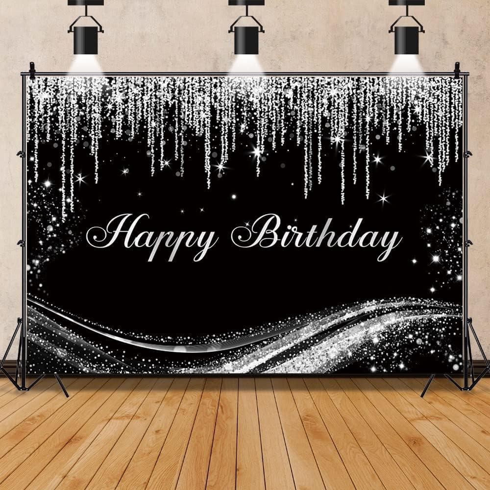 Renaiss 10x7ft Silver Birthday Backdrop for Photoshoot Man Woman Portrait Gray Floating Glitters Luxury Graceful Black Photography Background Happy Birthday Banner Bday Party Decors Photo Booth Props