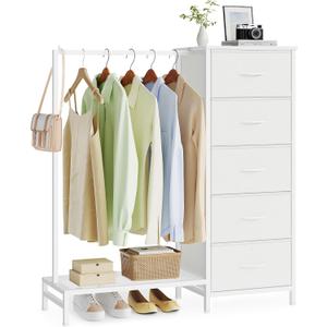 SONGMICS Dresser with Hanging Rod, 5 Fabric Drawers, Bottom Shelf, 11.8"D x 37.9"W x 46.3"H
