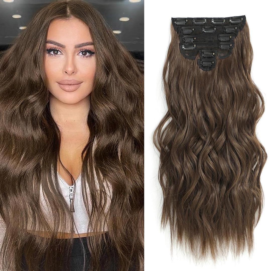 Clip in Hair Extensions for Women Medium Brown Long Wavy Hair Extensions Clip Ins 6PCS 20 Inch Synthetic Soft and Natural Thick Hair Pieces for Women