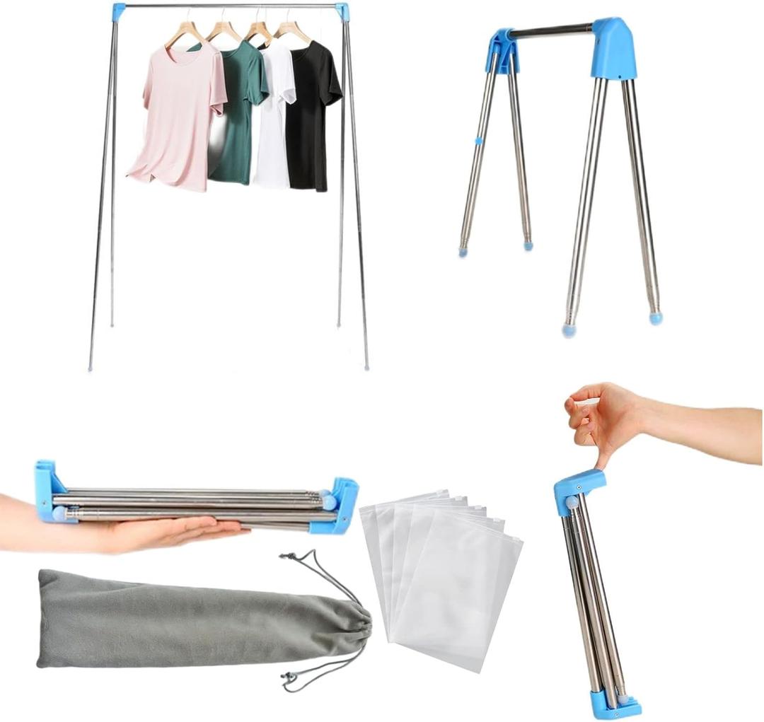 Portable Travel Garment Rack, Stainless Steel Foldable Mini Drying Clothes Rack for Travel, Camping, Hotel Room, Laundry, Dance, Indoor, Outdoor (A-Regular Compact)