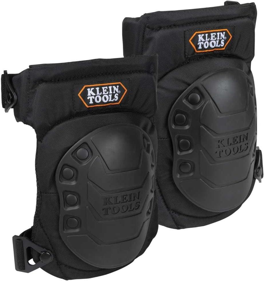 KLEIN TOOLS 60344 Knee Pads, Hinged Gel Knee Pads with Slip Resistant Rubber Caps, Quick-Release Clips and Adjustable Straps, Black