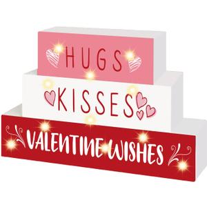Valentines Day Decor,11 LED Valentine Wood Block Sign, Valentines Day Decorations Valentine Wishes Rustic Letters, Farmhouse Home Table Centerpiece Decorations, Tiered Tray, Tables, Mantel Decor,Valentine's Day Gifts for her/him