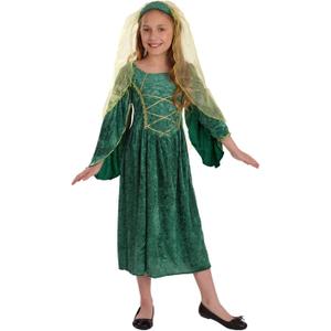 fun shack Green Girls Renaissance Costume, Medieval Princess Outfit for Kids, Historical Dress Up for Girls (Medium)