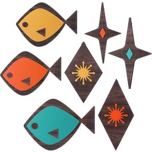 Youyole 7 Pcs Wood Fish Wall Decor Mid Century Modern Wall Art Retro Atomic Stars Fish Starbursts Vintage Minimalist MCM Hanging Sculpture 1950s Decor for Living Room Office Beach House Home Accents