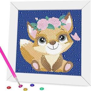Pack of 2 Miairivy Diamond Painting for Kids, 5D Animal Diamond Art Mini Small Kit(with Wooden Frame), DIY Cute Fox Big Gem Painting Set, Paint by Diamonds Crafts for Girls Boys Ages 4-12