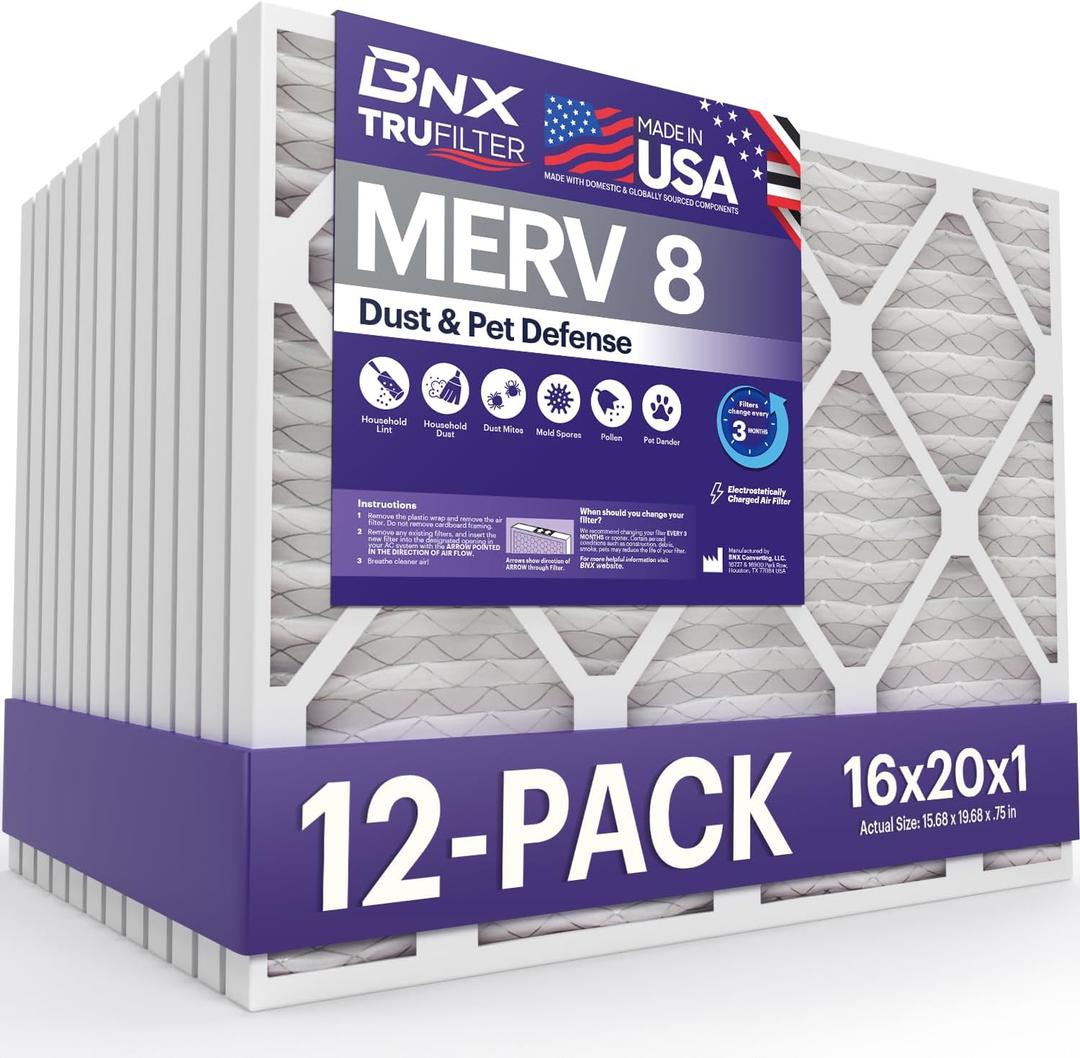 BNX TruFilter 16x20x1 Air Filter MERV 8 (12-Pack) - MADE IN USA  Dust & Pet Defense Electrostatic Pleated Air Conditioner HVAC AC Furnace Filters for Dust, Pet, Mold, Pollen MPR 600  700 & FPR 5