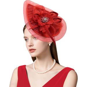 dressfan Womens Church Fascinator Hat,20s 50s Linen Vintage Hat for Derby/Church/Wedding/Cocktail/Tea Party (Red)