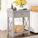 karlott Tall Nightstand with Charging Station, 22" Wood Nightstand with Drawer, Bedside Table with Storage and Shelf, Farmhouse End Accent Table for Bedroom, Living Room, Drawer Pre-Assembled, Grey