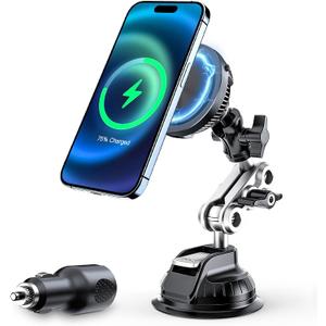 This Hill 15W Magnetic Wireless Car Charger Mount, Compatible with MagSafe, Phone Holder with 360° Suction Cup & Aluminum Alloy Telescopic Arm Compatible with iPhone 12-17 Series