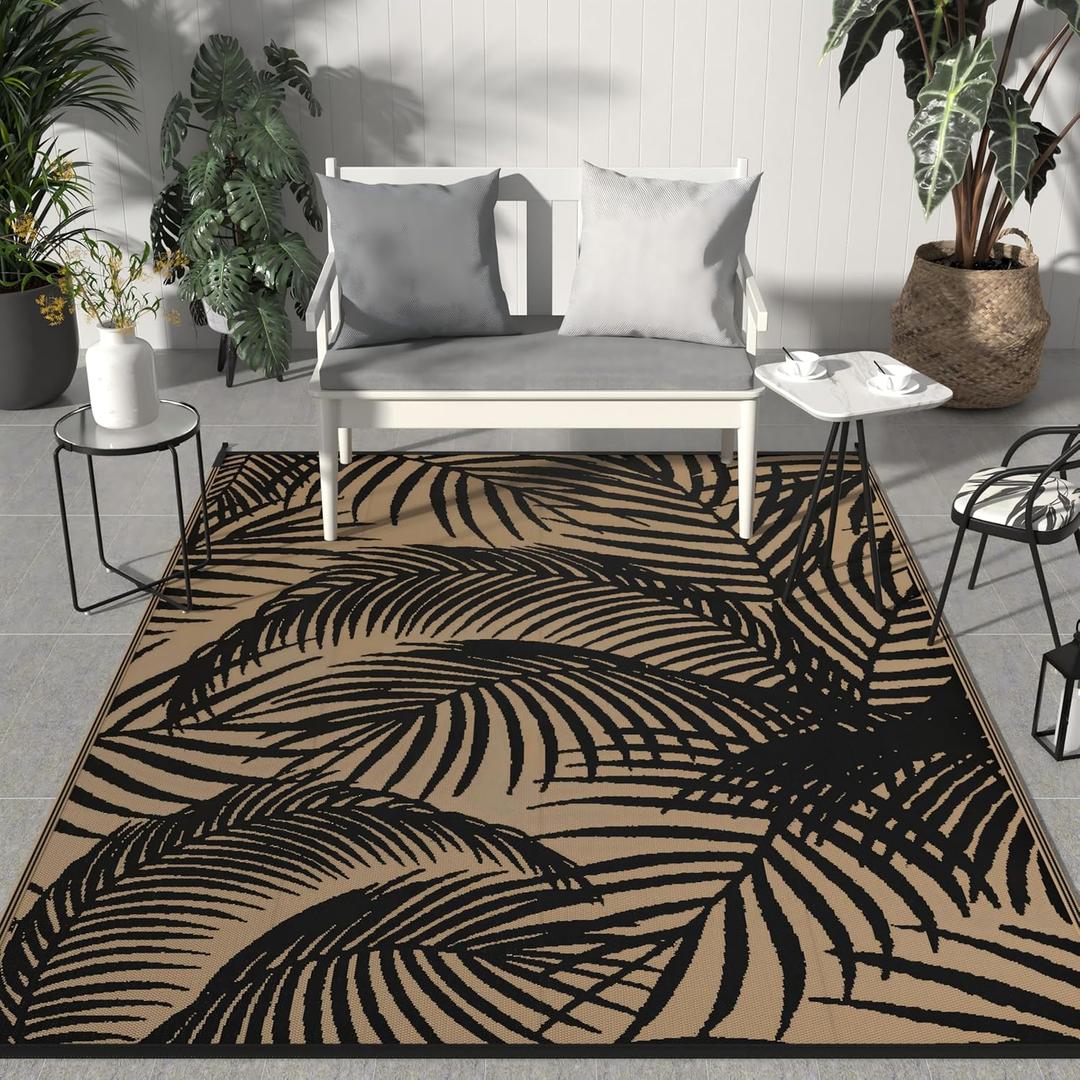 GENIMO Outdoor Rug 8' x 10' Waterproof for Patio Clearance, Reversible Plastic Straw Camping Carpet, Lightweight Mats for Rv, Backyard, Deck, Porch, Picnic, Beach, Balcony, Black & Brown