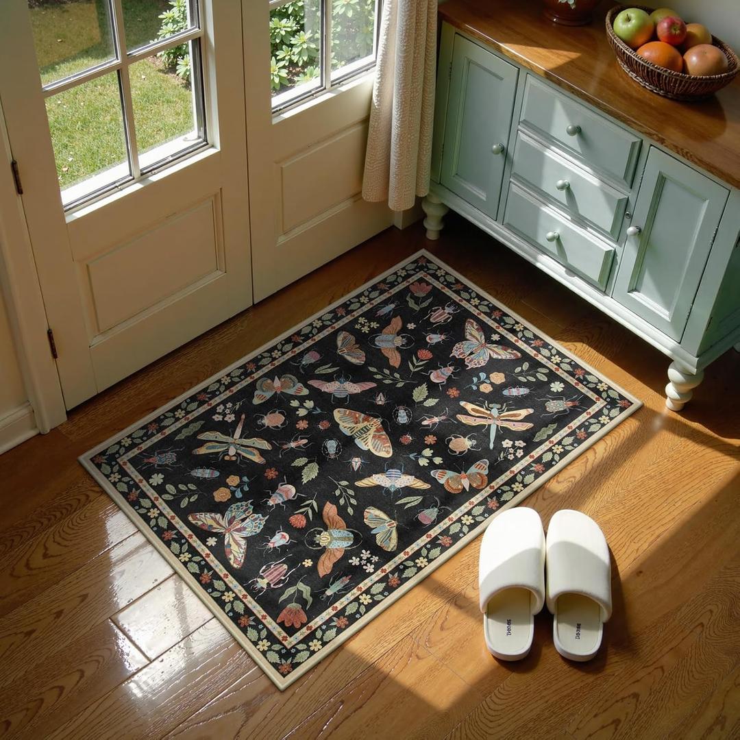 Lahome Insect Washable Rug, 2x3 Kitchen Rugs for Entryway Bathroom, Soft Door Mat Indoor Entrance Ultra-Thin, Small Non-Slip Throw Carpet for Bedroom Entry Vionnet, Black