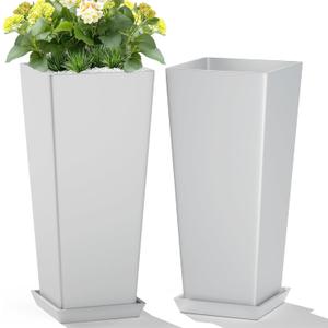 TUYOHW Set of 2 Tall Planters, 24" Large Indoor Outdoor Flower Pots with Tray, Modern Tapered Planters for Porch, Patio, Garden, Backyard(White)